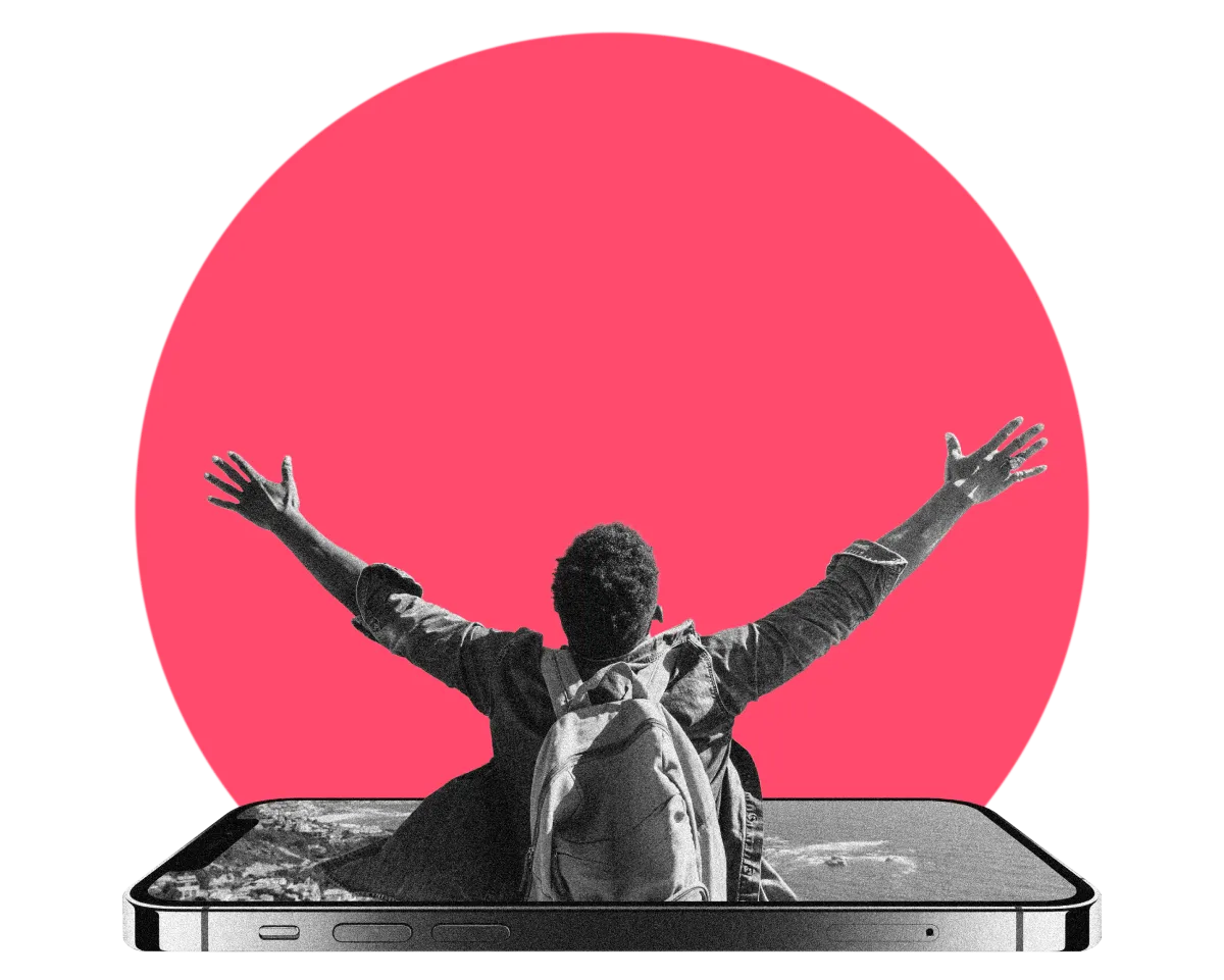 Homem saindo de um celular com fundo em círculo rosa escuro